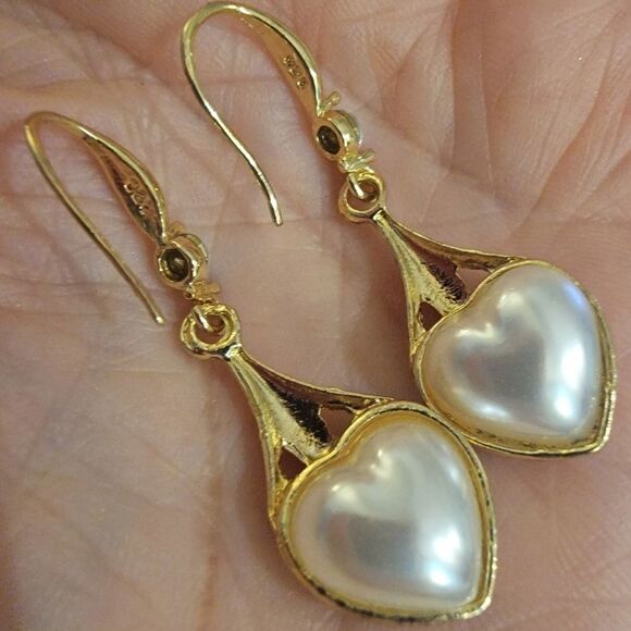 #925Sterling Gold Plated Crystal Accents + Faux Pearl Ear Dangle Drop Earrings - Picture 5 of 8
